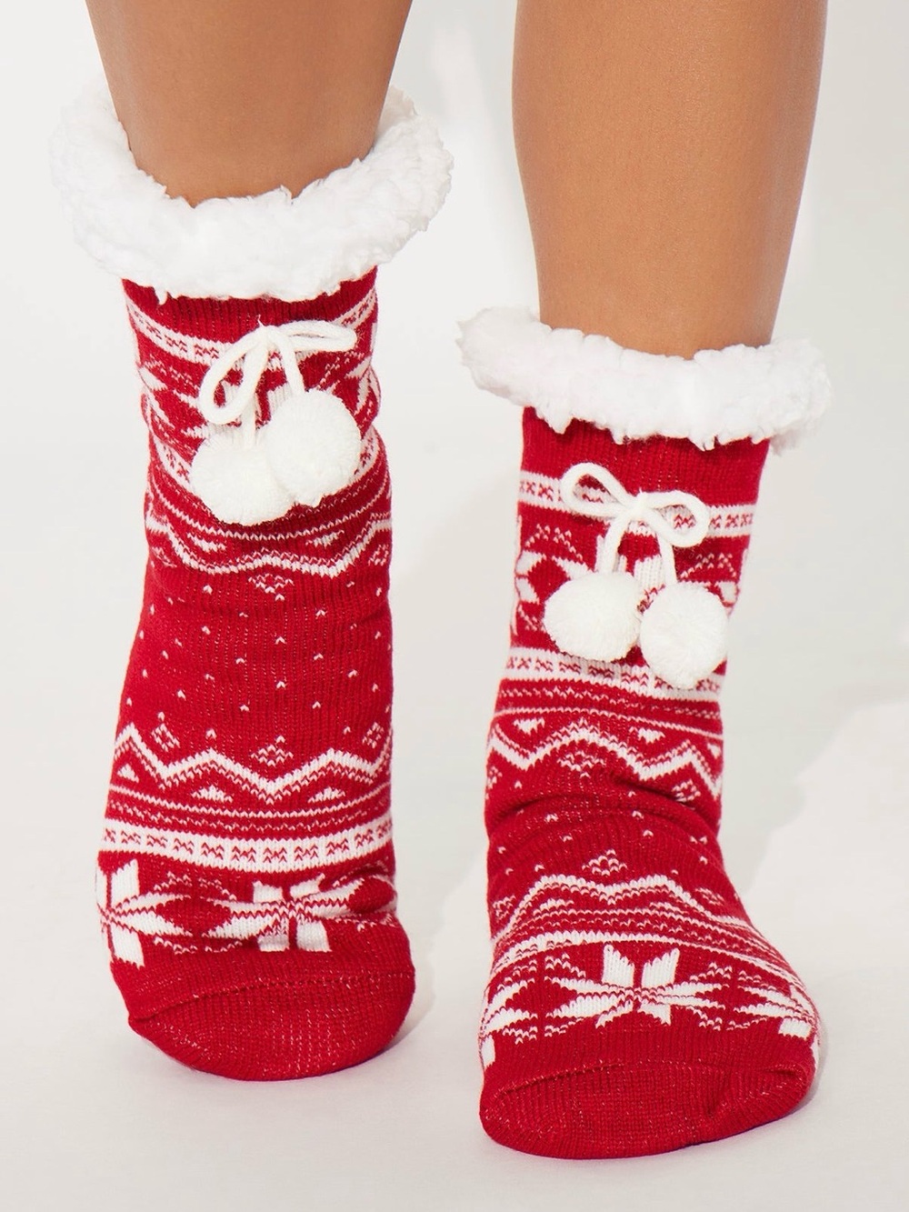 Fashion Nova Red & White Sherpa Cuffed Pom Pom Holiday Socks